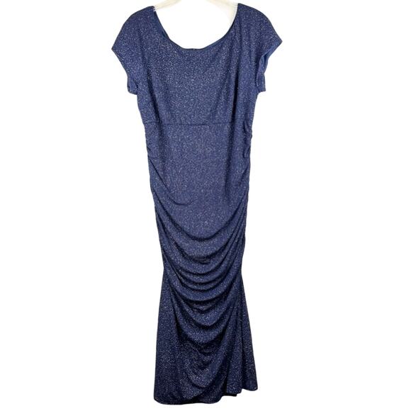 Jules & Cleo Ruched Glitter Knit Cap Sleeve Sheath Stretch Gown Navy Plus Sz 2X - Picture 4 of 16